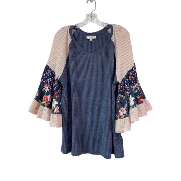 Umgee Tops - Umgee Waffle Knit Top Floral Print Bell Sleeves Womens Size XL Blue Boho Prairie